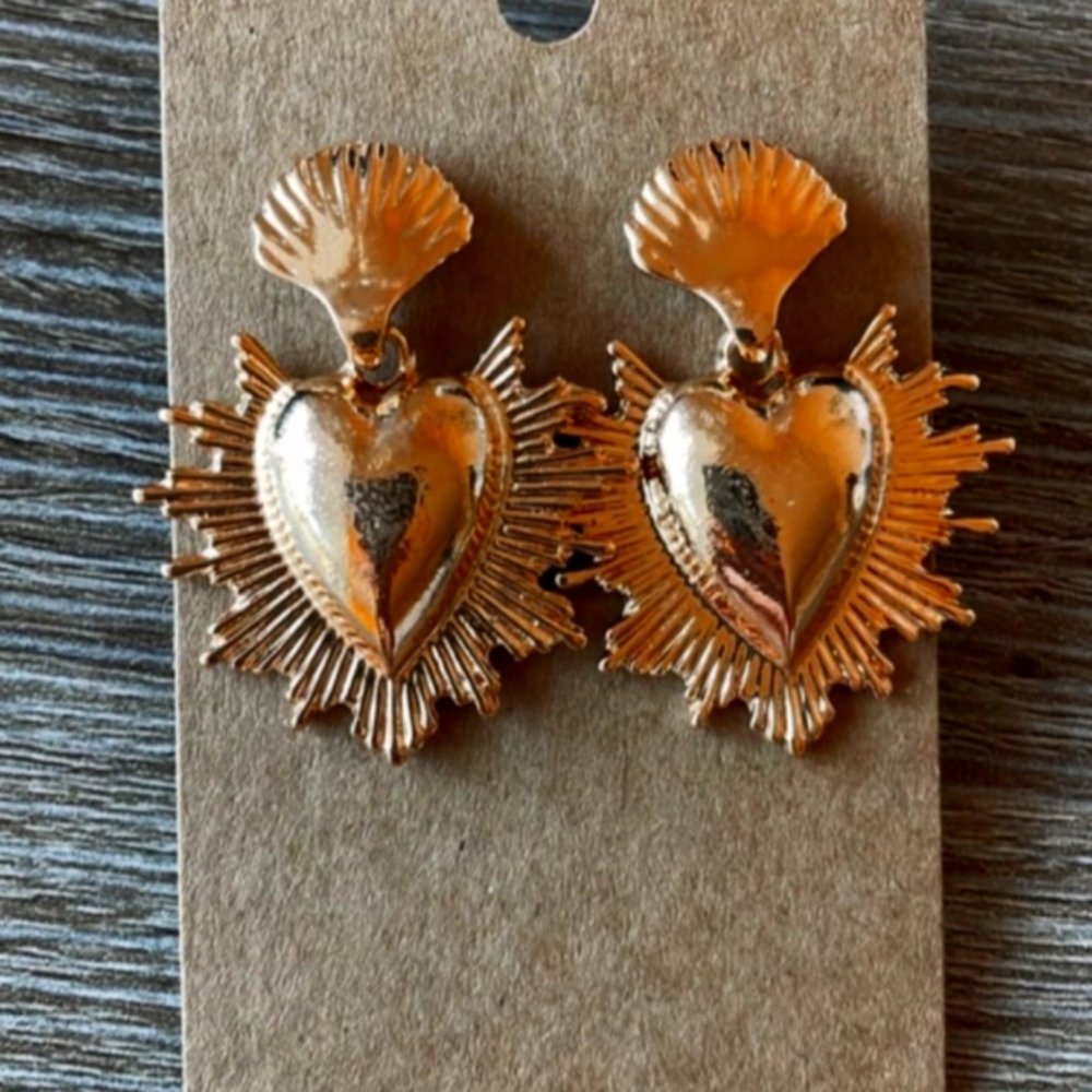 Gold Tone Sacred Heart Dangling Earrings